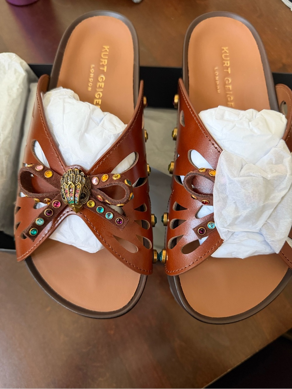 Kurt Geiger Brown Leather Jeweled Bow Slide Mules